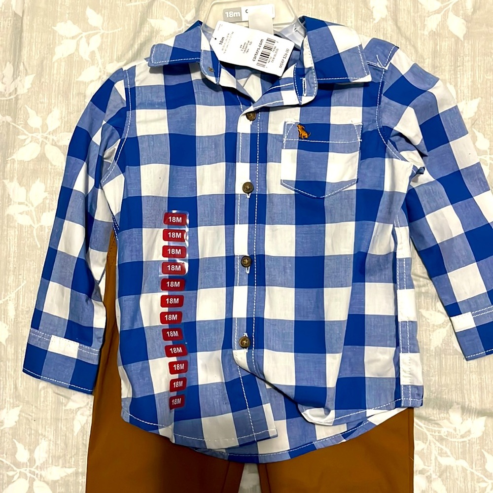 Never worn! Carters 18m blue/white check button down with matching brown slacks